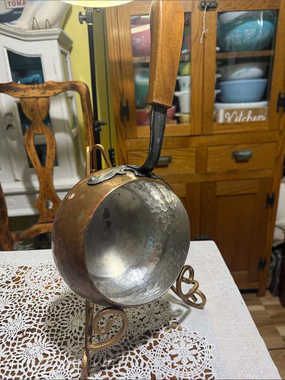 Vtg Hammered Copper Saucepan with Wooden Handle